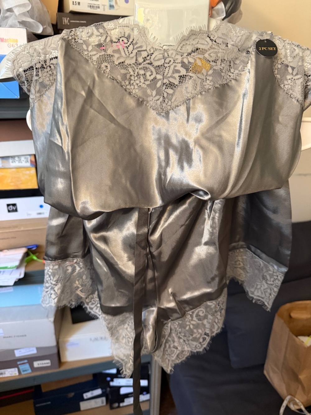 Satin Lace Trim Robe - Silver Gray